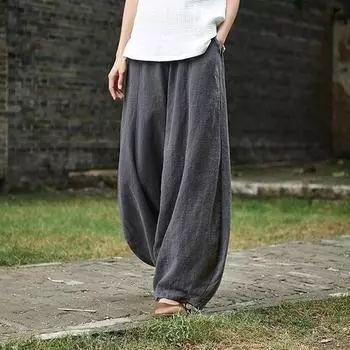 Осенние шаровары из хлопка и льна для медитации с эластичной талией, свободные брюки большого размера для женщин, повседневные брюки XXL чёрный