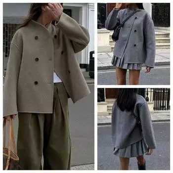 Осенние шерстяные куртки для женщин, укороченные двубортные пальто для женщин, пальто с длинным рукавом для женщин, новинка в верхней одежде S серый
