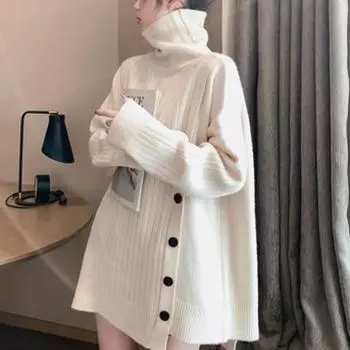 Осенние шикарные пуговицы, однотонные свободные пуловеры, женские свитера, модные, с длинным рукавом, повседневные, вязаные свитера, женские трикотажные топы, винтажные женские джемперы 25523 One Size белый