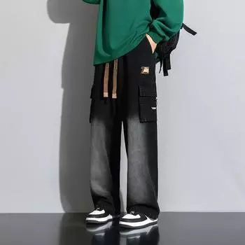 Осенние широкие брюки из джинсовой ткани для мужчин, нейтральные однотонные свободные повседневные модные брюки-карго с карманами 8XL чёрный