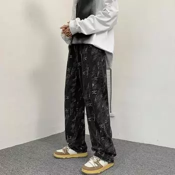 Осенние широкие джинсовые длинные мужские свободные прямые брюки для мытья полов Tide Brand Old Dad Trend универсальные брюки размера плюс XXXL чёрный