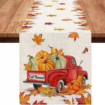 Осенние скатерти, льняные желто-оранжевые тыквы, грузовик, кленовый лист, деревенский дом, праздничный декор, домашняя кухня, вечеринка на открытом воздухе 150x33cm