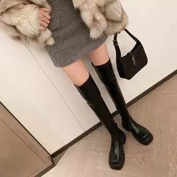 Осенние современные сапоги на молнии выше колена с квадратным носком, женская обувь, горячая распродажа, однотонные модные женские сапоги на платформе 35