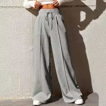 Осенние спортивные повседневные широкие брюки женские модные новые однотонные прямые свободные брюки женские с высокой талией на шнуровке простые офисные женские брюки 24631 S небесно-голубой