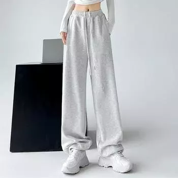 Осенние спортивные повседневные свободные широкие брюки женские модные однотонные элегантные брюки с высокой талией женские простые прямые офисные брюки на шнурке 25681 S темно-серого
