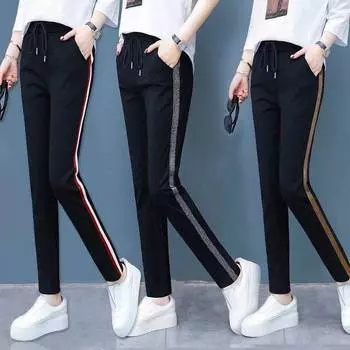 Осенние спортивные штаны из хлопка Tencel с высокой талией, свободные брюки большого размера с боковыми полосками, повседневные брюки XL (small size)