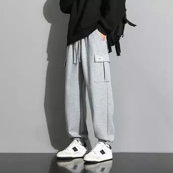 Осенние спортивные штаны мужские с несколькими карманами и завязками на шнурке, хлопковые повседневные спортивные штаны мужские свободные прямые брюки большого размера 8XL 8XL чёрный