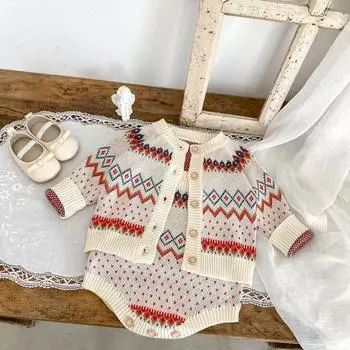 Осенние свитера для детей 0-3 лет из 100% хлопка для новорожденных, жаккардовый вязаный кардиган, комбинезон в стиле ретро для детей и девочек, трикотажные комплекты одежды bafanou 86160 66cm(3-6M) бежевый