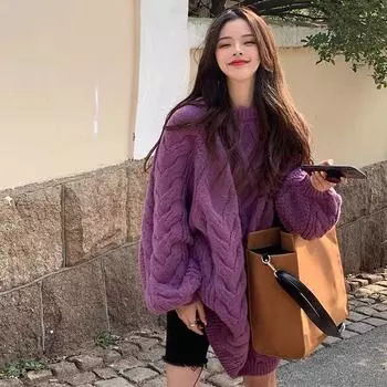 Осенние свитера, пуловеры, женские свитера, вязание, свободный фиолетовый свитер One Size фиолетовый