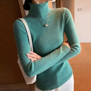 Осенние свитера с длинным рукавом и высоким воротом для женщин, модные, элегантные, однотонные, повседневные, женские, вязаные, топы, простые, облегающие, зимние джемперы 25675 One Size зелёный