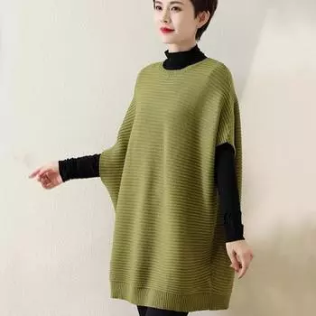 Осенние свитера жилет женский полосатый принт однотонный летучая мышь без рукавов свитера вязаный свободный свитер One Size чёрный