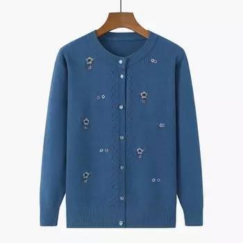 Осенние свитера Зимняя вязаная одежда Женская принтованная одежда для мам среднего возраста Вышитые топы с длинным рукавом Свитер на пуговицах XXL красный