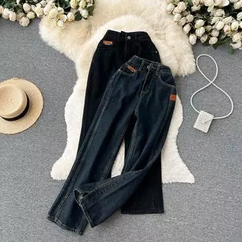 Осенние свободные джинсы в стиле ретро в Гонконге с широкими штанинами и высокой талией для женщин
