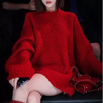Осенние свободные красные свитера с длинным рукавом, женские зимние однотонные теплые вязаные свитера с круглым вырезом, женские элегантные винтажные мягкие трикотажные джемперы 24944 One Size красный