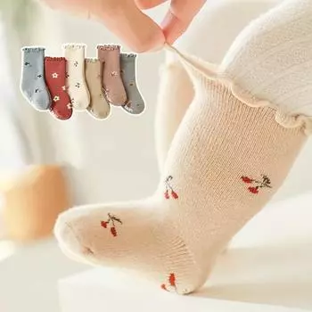 Осенние теплые детские носки с рисунком в виде сладких цветочных вишен, носки из телячьей кожи для малышей, зимние утолщенные флиса, теплые домашние нескользящие носки для пола M (1-3 Year) красный