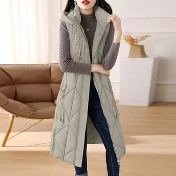Осенние теплые топы для женщин, новая мода, толстый жилет без рукавов, женский корейский стиль, длинные пальто на молнии, зимний жилет L кофейный