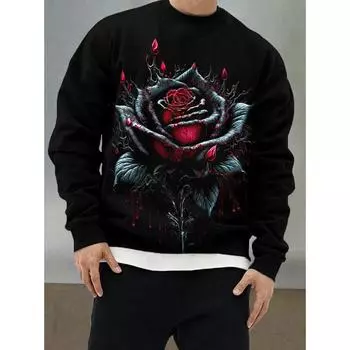 Осенние толстовки для мужчин, пуловер с рисунком розы, футболка с длинными рукавами и принтом, модные толстовки с круглым вырезом, свободная мужская одежда, топ S