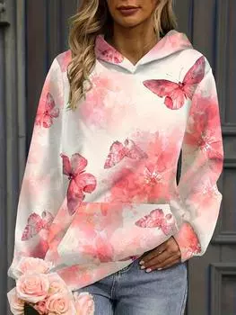 Осенние толстовки с 3D-принтом «Цветочные бабочки» для женщин, модные повседневные толстовки с капюшоном больших размеров, пуловеры, спортивная одежда S