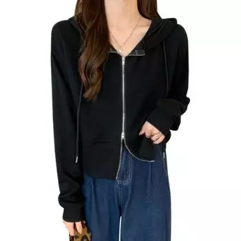 Осенние толстовки с капюшоном, однотонные толстовки с капюшоном для женщин, укороченные, на молнии, для студентов, в корейском стиле XL