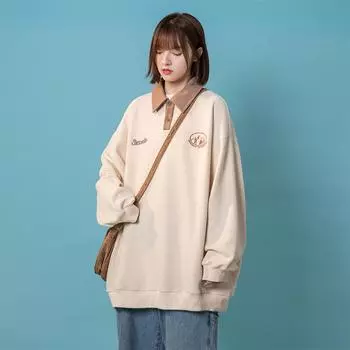 Осенние толстые винтажные вафельные толстовки-поло, милые лоскутные женские зеленые толстовки в стиле Харадзюку, повседневная уличная одежда большого размера S бежевый