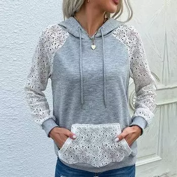 Осенние тонкие кружевные повседневные толстовки с капюшоном в стиле пэчворк для женщин с длинным рукавом и карманами, свободные толстовки для женщин, однотонные элегантные пуловеры с капюшоном для женщин 24702 S светло-серый