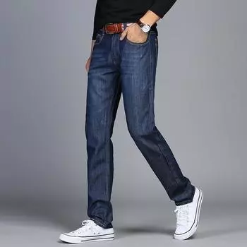 Осенние тонкие мужские джинсы облегающие повседневные длинные брюки корейского стиля модный бренд осень прямые универсальные 28 темно-синий