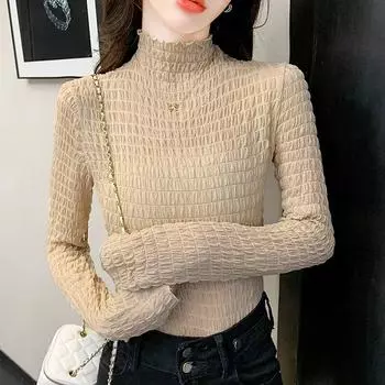 Осенние тонкие плиссированные простые рубашки с длинными рукавами 2023, водолазка, модная кружевная женская блузка, женские повседневные элегантные топы, Blusas 29522 S чёрный