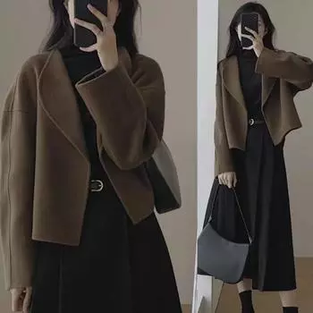 Осенние тонкие повседневные короткие шерстяные свободные женские куртки зимние модные элегантные винтажные пальто с длинным рукавом женская верхняя одежда тонкая офисная женская куртка 25416 M чёрный