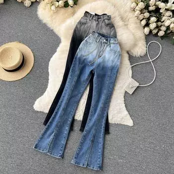 Осенние тонкие расклешенные джинсы с высокой талией и небольшим дизайнерским смыслом, нишевые джинсы с градиентом цвета