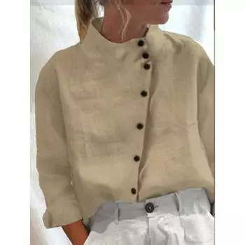 Осенние топы на пуговицах из хлопка и льна с воротником-стойкой, блузки, модные женские повседневные рубашки с длинными рукавами S белый