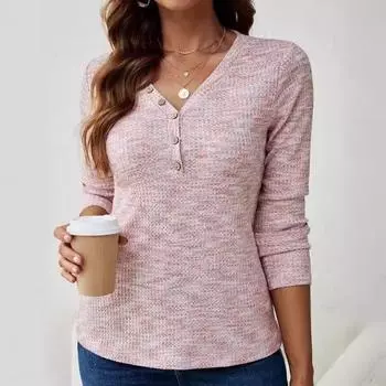 Осенние топы с длинным рукавом футболка повседневная пуговицы V-образный вырез свитера женская одежда S розовый