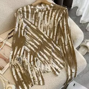 Осенние топы с длинными рукавами, модные женские повседневные хлопковые футболки с круглым вырезом, нерегулярные полосатые футболки с разрезом, окрашенные галстуком, одежда 29532 S чёрный