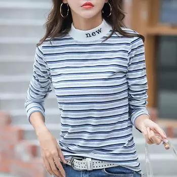 Осенние топы с вышивкой букв, полосатая футболка с длинными рукавами, женская футболка, полуводолазка, осенняя одежда, футболка женская M