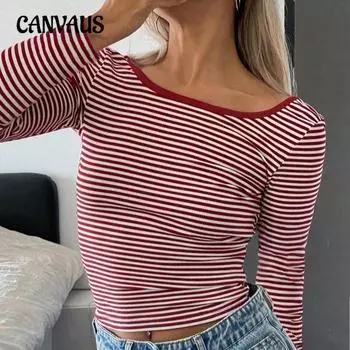 Осенние топы Y2K женские полосатые блузки с открытой спиной и длинными рукавами S красный