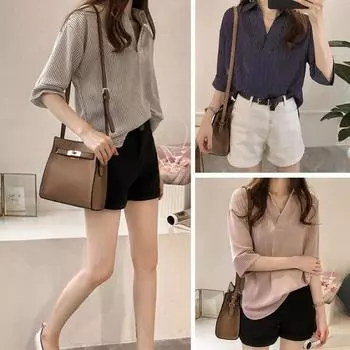 Осенние топы женские с рукавами три четверти полосатый принт V-образный воротник хлопковые рубашки повседневные блузки M