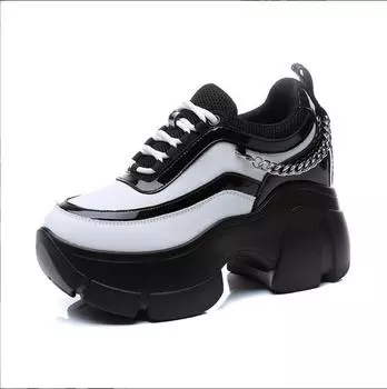 Осенние трендовые женские туфли-ботинки на толстой подошве с цепочкой, визуально увеличивающие рост, в уличном стиле для пап Size 34 белый