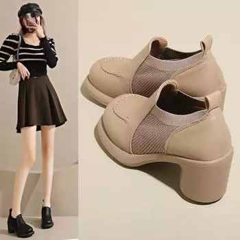 Осенние туфли на толстом среднем каблуке с круглой головкой и кожаной толстой подошвой, дышащие, с глубоким французским носком 35 коричневый