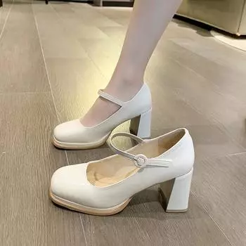 Осенние туфли на высоком каблуке женские 2024 новые толстые туфли Мэри Джейн Лолита туфли модные женские сандалии из искусственной кожи повседневные черные Zapatillas 34 бежевый