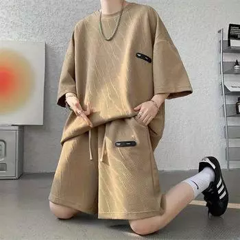 Осенние вафельные комплекты мужские повседневные футболки + шорты комплект мужской спортивный баскетбольный костюм спортивный костюм свободные утепленные костюмы XXXXXL белый