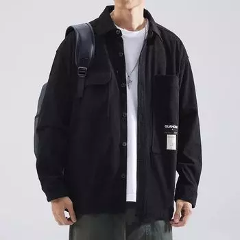 Осенние вафельные рубашки с длинным рукавом для мужчин, повседневная рубашка-карго с аппликацией на пуговицах, однотонная уличная блузка Y2K в винтажном стиле с карманом XXXXXL чёрный