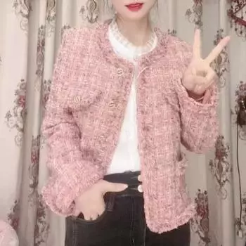 Осенние винтажные розовые плюшевые хлопковые свободные элегантные куртки для женщин, зимние повседневные пальто с длинным рукавом и круглым вырезом, женские однобортные тонкие короткие куртки 25411 S розовый
