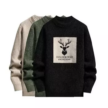 Осенние винтажные свитера, мужской вязаный свитер большого размера, мужской пуловер с принтом оленя, хип-хоп, Харадзюку, белый стеганый бархатный свитер M чёрный