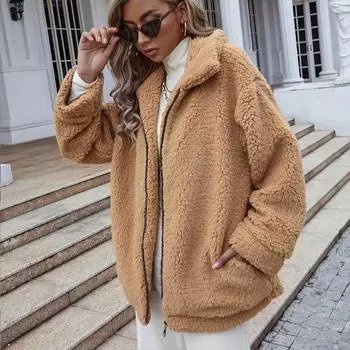 Осенние винтажные теплые плюшевые кашемировые пальто женские зимние толстые повседневные куртки с длинным рукавом и воротником-стойкой женские модные куртки на молнии больших размеров 25162 S хаки