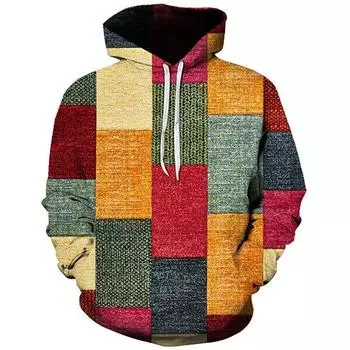 Осенние винтажные толстовки с принтом в клетку с цветными блоками и 3D-принтом для мужчин и женщин, повседневные толстовки с капюшоном большого размера, пуловеры, спортивная одежда S