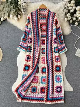 Осенние винтажные вязаные длинные кардиганы женские весенние модные ретро-верхние цветочные праздничные уличные свободные пальто с вырезами One Size синий