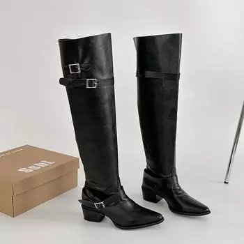 Осенние винтажные женские ботинки-рыцари на толстом каблуке, модные туфли с пряжкой-ремнем, элегантные женские ботильоны до колена с острым носком в современном стиле 35 чёрный