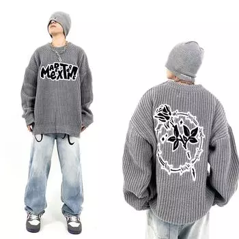 Осенние вязаные свитера унисекс, пуловеры в стиле ретро с надписью Y2k, теплый трикотаж M чёрный