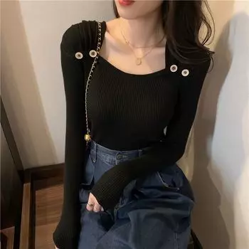 Осенние вязаные топы с длинными рукавами, модные пуговицы с украшением, свитера с квадратным воротником, корейские однотонные облегающие пуловеры для женщин 28523 One Size серый