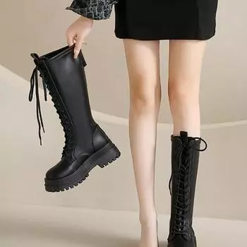 Осенние высокие сапоги длинные сапоги женские туфли на шнуровке женские сапоги рыцарские сапоги толстые подошвы но сапоги Мартин Новые модные до колена 35