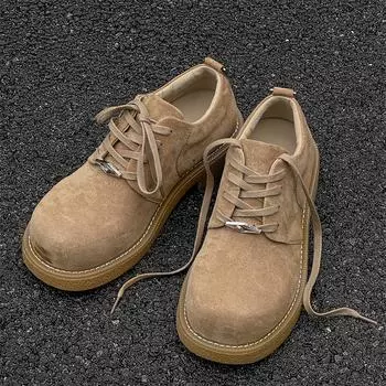 Осенние замшевые ботинки дерби с толстой подошвой Mickey 2024 года: Желтые, с круглым носком, увеличивающие рост, унисекс-дизайн. 43 легкие хаки